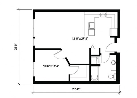 Floor plan for 1 bed, 1 bath, 685 sqft